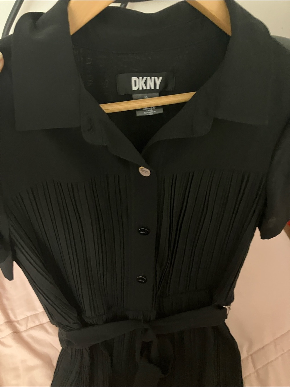 DKNY Black Pleated Button-Front Shirt Dress